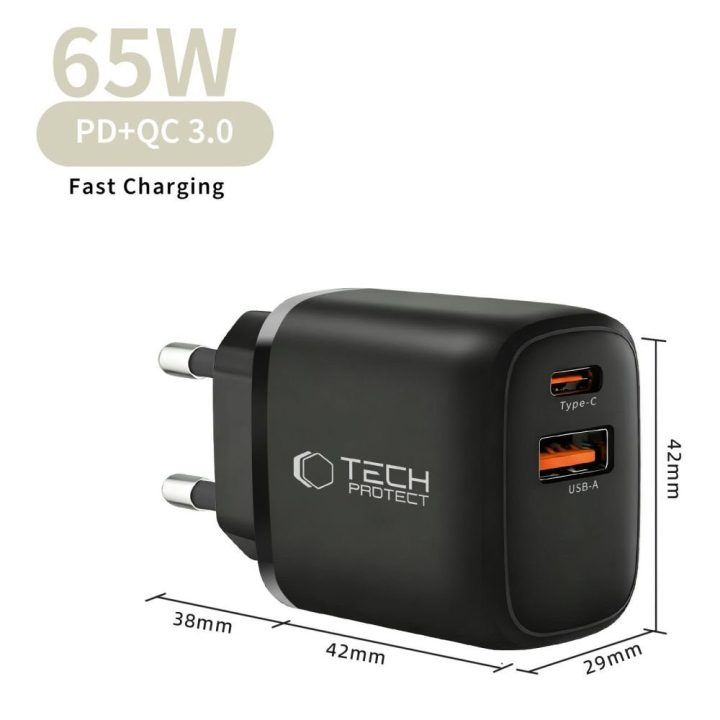 Tech-Protect NCA65W-GAN sieninis įkroviklis 65 W su USB-C ir USB-A, juodas