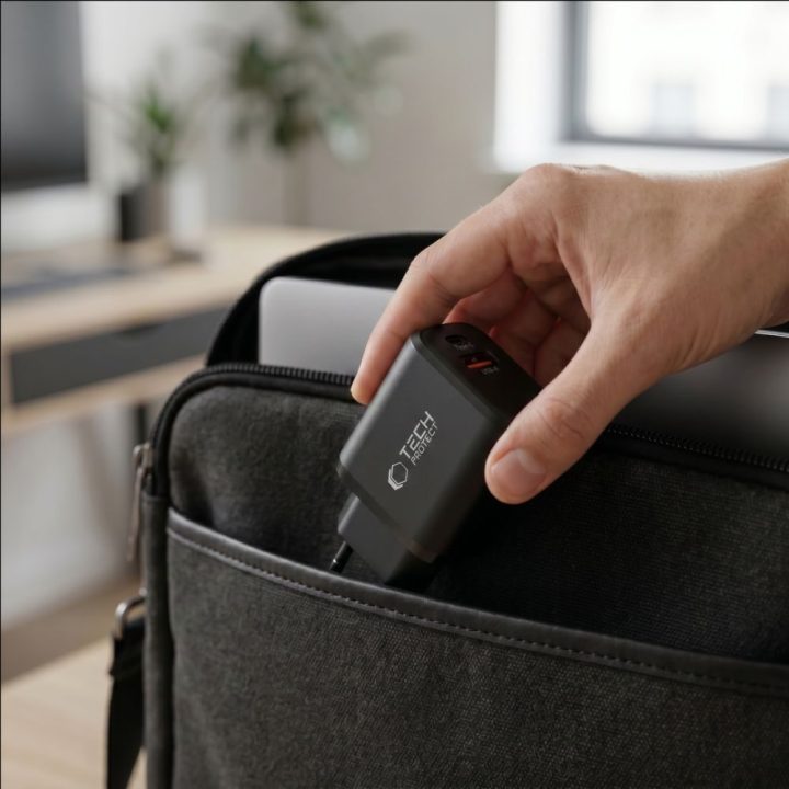 Tech-Protect NCA65W-GAN sieninis įkroviklis 65 W su USB-C ir USB-A, juodas