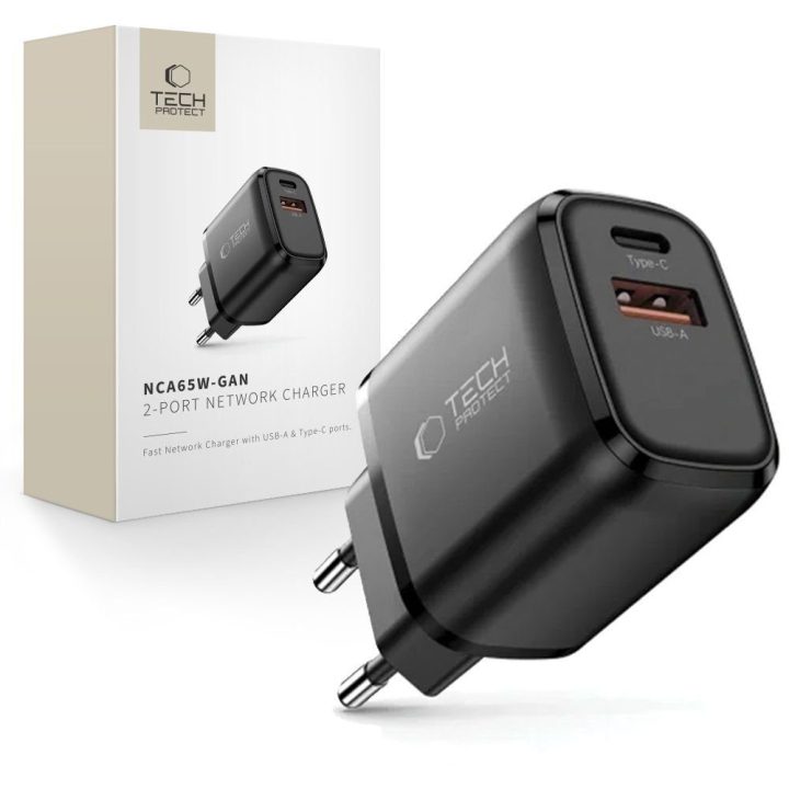 Tech-Protect NCA65W-GAN sieninis įkroviklis 65 W su USB-C ir USB-A, juodas