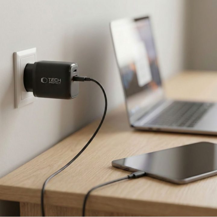 Tech-Protect NCA65W-GAN sieninis įkroviklis 65 W su USB-C ir USB-A, juodas