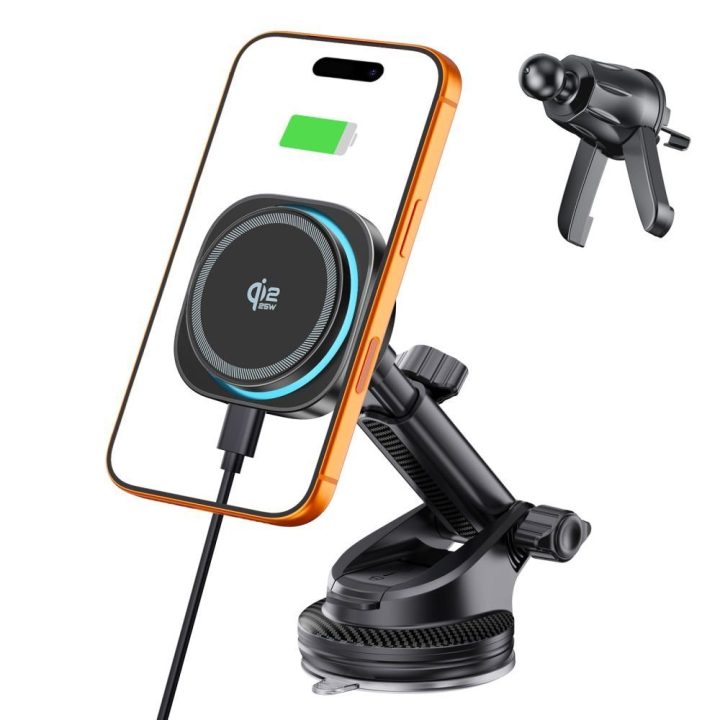 Automobilinis telefono laikiklis su Qi2 belaidžiu įkrovimu Tech-Protect V20 25 W, juodas