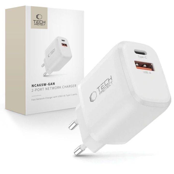 Sieninis įkroviklis Tech-Protect NCA65W-GAN 2 jungčių 65 W, baltas