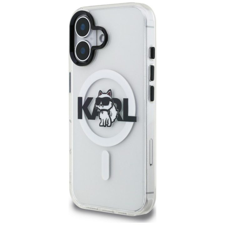 Telefono dėklas iPhone 16 Karl Lagerfeld IML Choupette Sketch Logo MagSafe, skaidrus