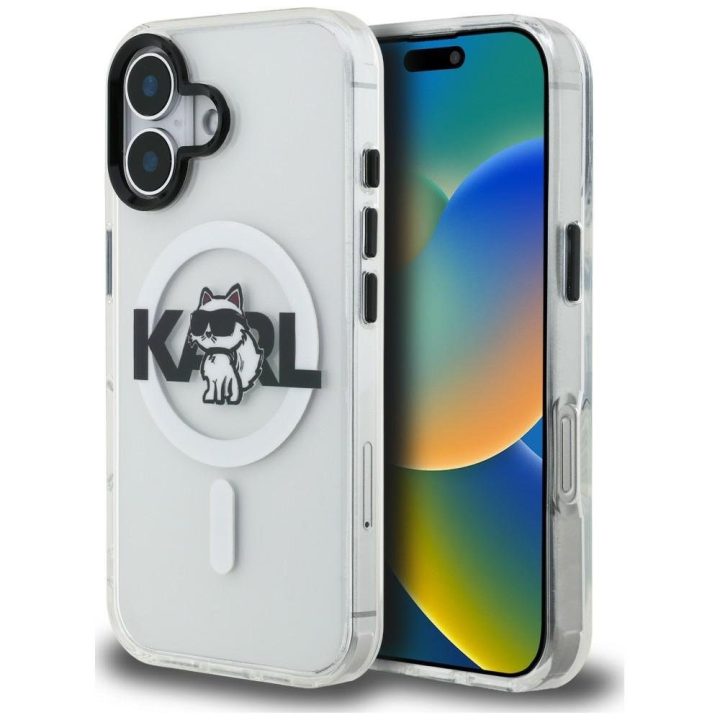 Telefono dėklas iPhone 16 Karl Lagerfeld IML Choupette Sketch Logo MagSafe, skaidrus
