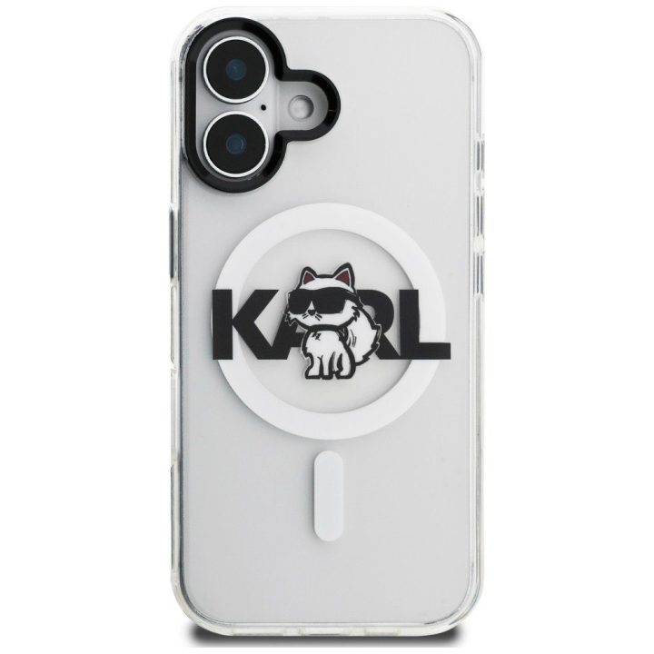 Telefono dėklas iPhone 16 Karl Lagerfeld IML Choupette Sketch Logo MagSafe, skaidrus