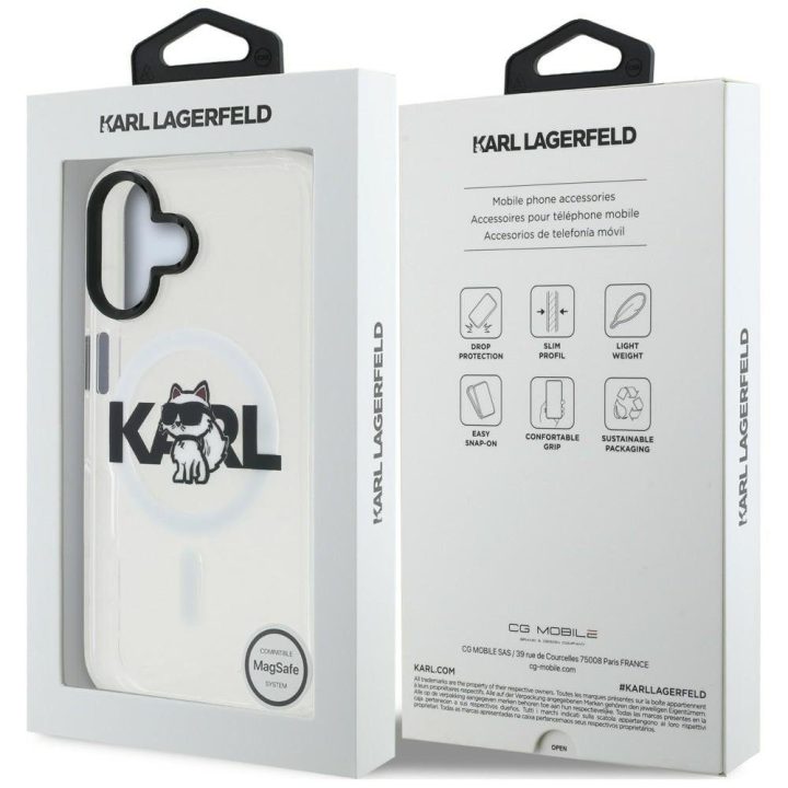Telefono dėklas iPhone 16 Karl Lagerfeld IML Choupette Sketch Logo MagSafe, skaidrus