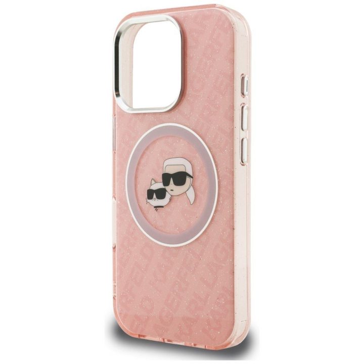 Telefono dėklas iPhone 16 Pro Karl Lagerfeld IML Glitter Karl & Choupette Heads Logo MagSafe, rožinis