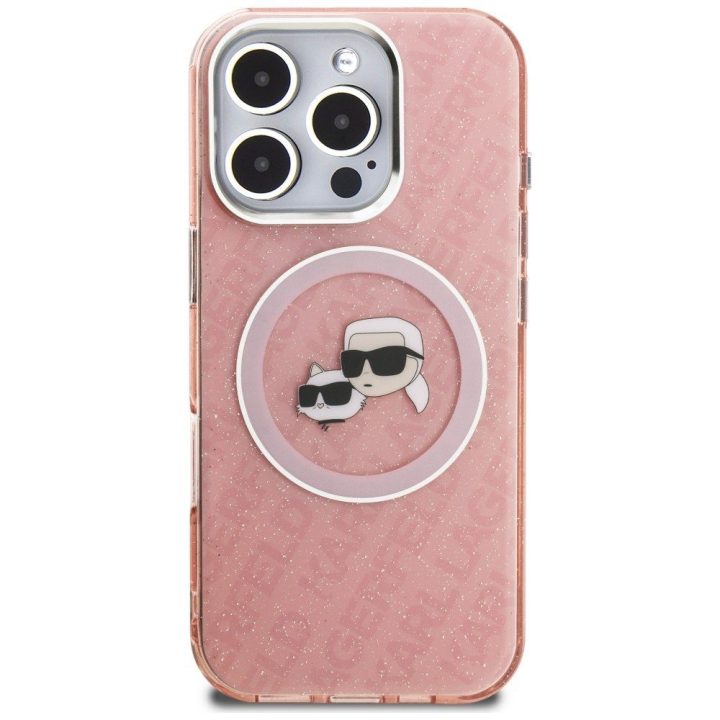 Telefono dėklas iPhone 16 Pro Karl Lagerfeld IML Glitter Karl & Choupette Heads Logo MagSafe, rožinis