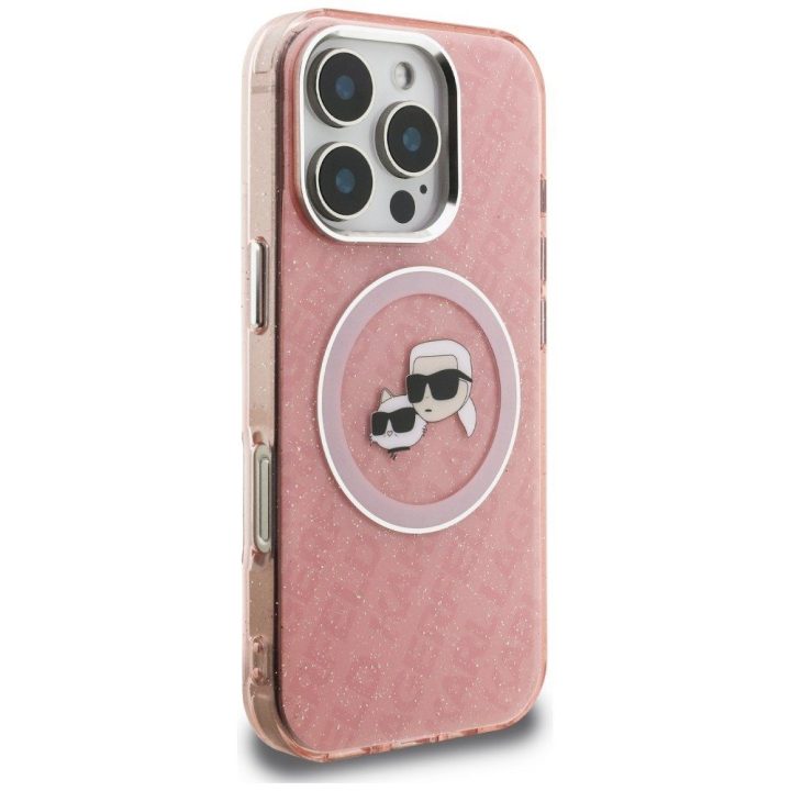 Telefono dėklas iPhone 16 Pro Karl Lagerfeld IML Glitter Karl & Choupette Heads Logo MagSafe, rožinis