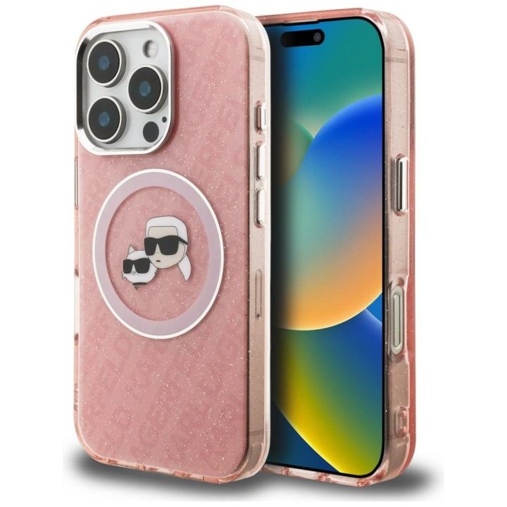 Telefono dėklas iPhone 16 Pro Karl Lagerfeld IML Glitter Karl & Choupette Heads Logo MagSafe, rožinis
