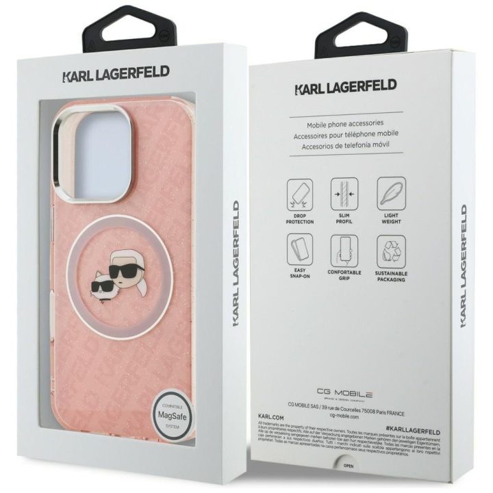 Telefono dėklas iPhone 16 Pro Karl Lagerfeld IML Glitter Karl & Choupette Heads Logo MagSafe, rožinis