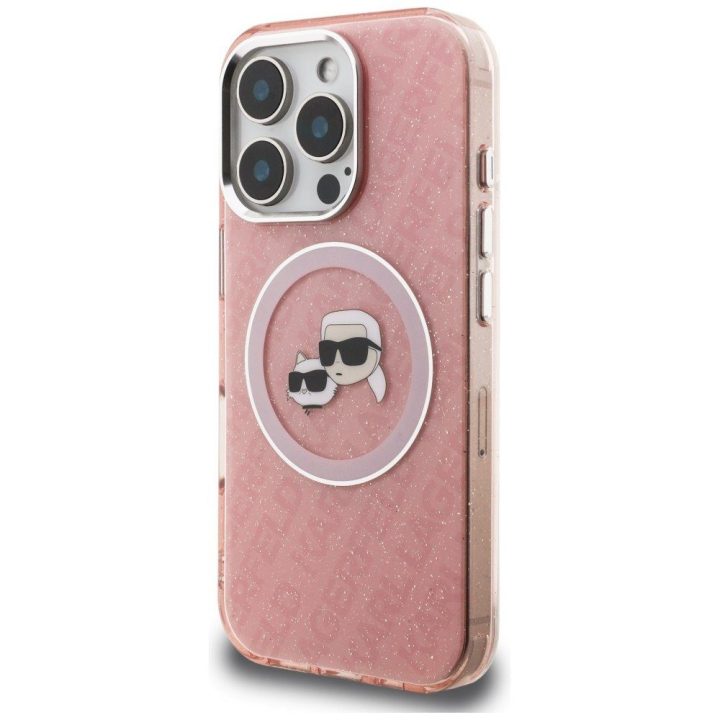 Telefono dėklas iPhone 16 Pro Karl Lagerfeld IML Glitter Karl & Choupette Heads Logo MagSafe, rožinis
