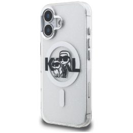 Telefono dėklas iPhone 16 Karl Lagerfeld IML Glitter Karl & Choupette Sketch Logo MagSafe, skaidrus