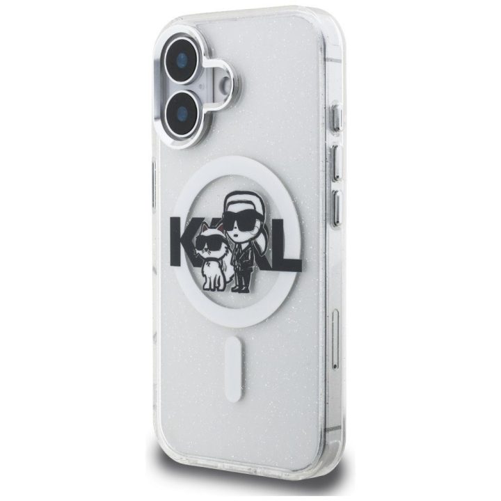 Telefono dėklas iPhone 16 Karl Lagerfeld IML Glitter Karl & Choupette Sketch Logo MagSafe, skaidrus