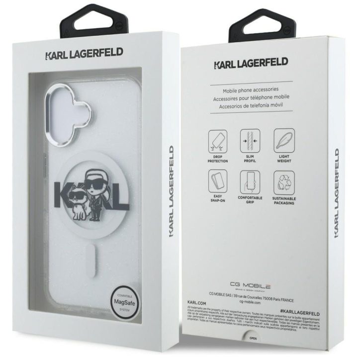 Telefono dėklas iPhone 16 Karl Lagerfeld IML Glitter Karl & Choupette Sketch Logo MagSafe, skaidrus