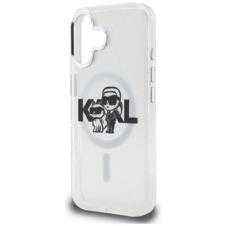 Telefono dėklas iPhone 16 Karl Lagerfeld IML Glitter Karl & Choupette Sketch Logo MagSafe, skaidrus