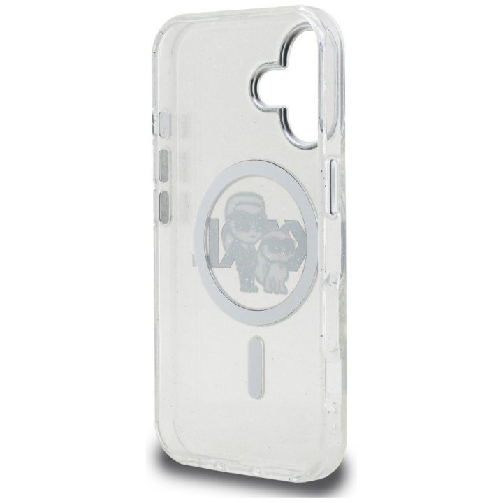 Telefono dėklas iPhone 16 Karl Lagerfeld IML Glitter Karl & Choupette Sketch Logo MagSafe, skaidrus