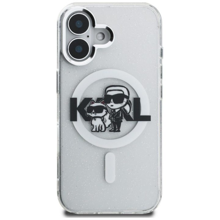Telefono dėklas iPhone 16 Karl Lagerfeld IML Glitter Karl & Choupette Sketch Logo MagSafe, skaidrus