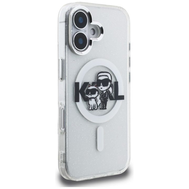 Telefono dėklas iPhone 16 Karl Lagerfeld IML Glitter Karl & Choupette Sketch Logo MagSafe, skaidrus