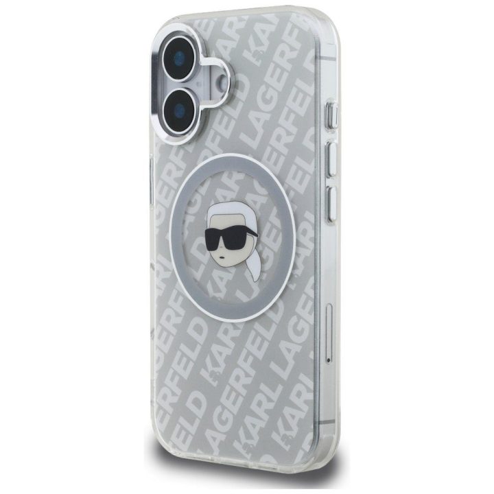 Telefono dėklas iPhone 16 Karl Lagerfeld IML Karl Head Logo MagSafe, pilkas