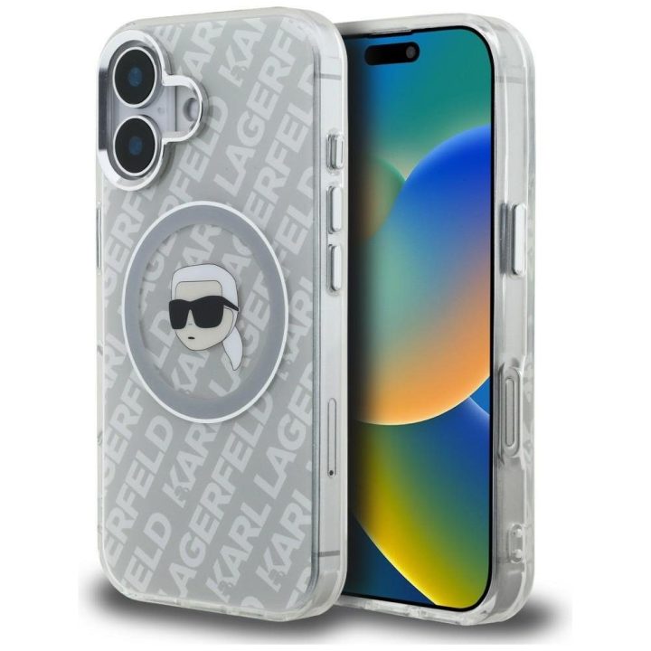 Telefono dėklas iPhone 16 Karl Lagerfeld IML Karl Head Logo MagSafe, pilkas