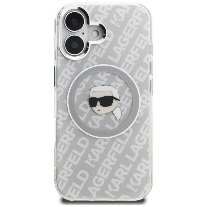 Telefono dėklas iPhone 16 Karl Lagerfeld IML Karl Head Logo MagSafe, pilkas