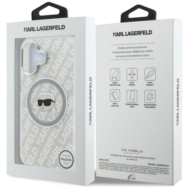 Telefono dėklas iPhone 16 Karl Lagerfeld IML Karl Head Logo MagSafe, pilkas
