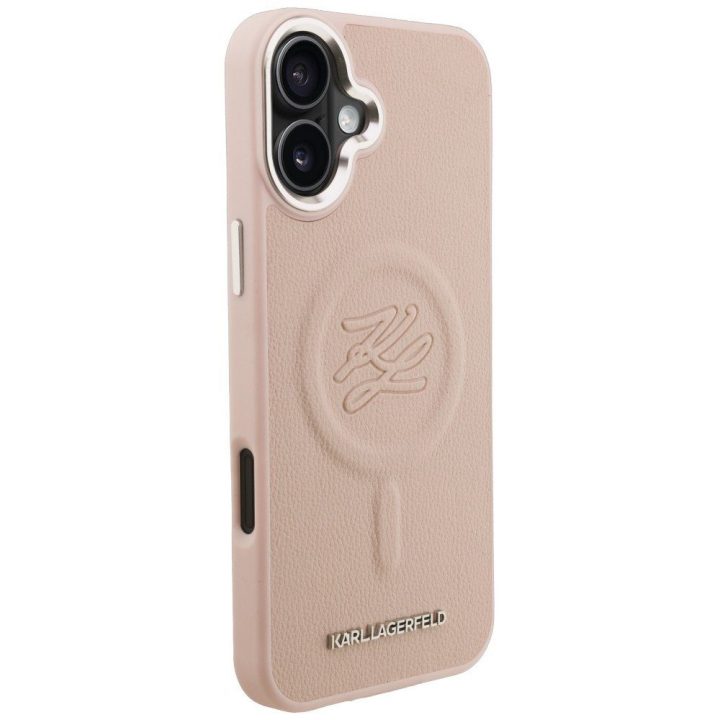 Telefono dėklas iPhone 16 Plus Karl Lagerfeld Initial & Metal Logo MagSafe, rožinis
