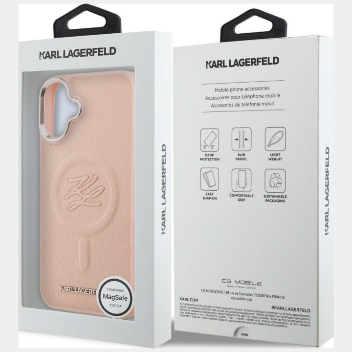 Telefono dėklas iPhone 16 Plus Karl Lagerfeld Initial & Metal Logo MagSafe, rožinis