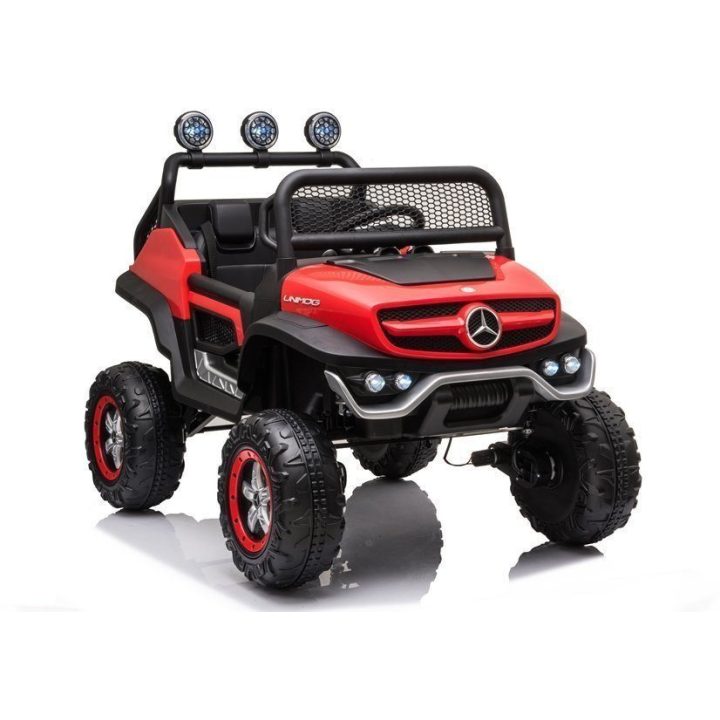 Raudonas akumuliatorinis automobilis Mercedes Unimog S