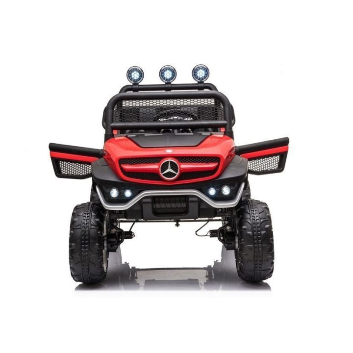 Raudonas akumuliatorinis automobilis Mercedes Unimog S
