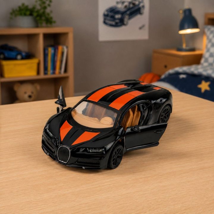 Juodas žaislinis sportinis automobilis 1:32 su šviesomis ir garsais