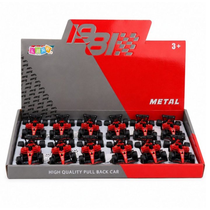 Raudonas žaislinis formulinis lenktyninis automobilis 1:43 su pull-back pavara