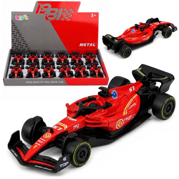 Raudonas žaislinis formulinis lenktyninis automobilis 1:43 su pull-back pavara