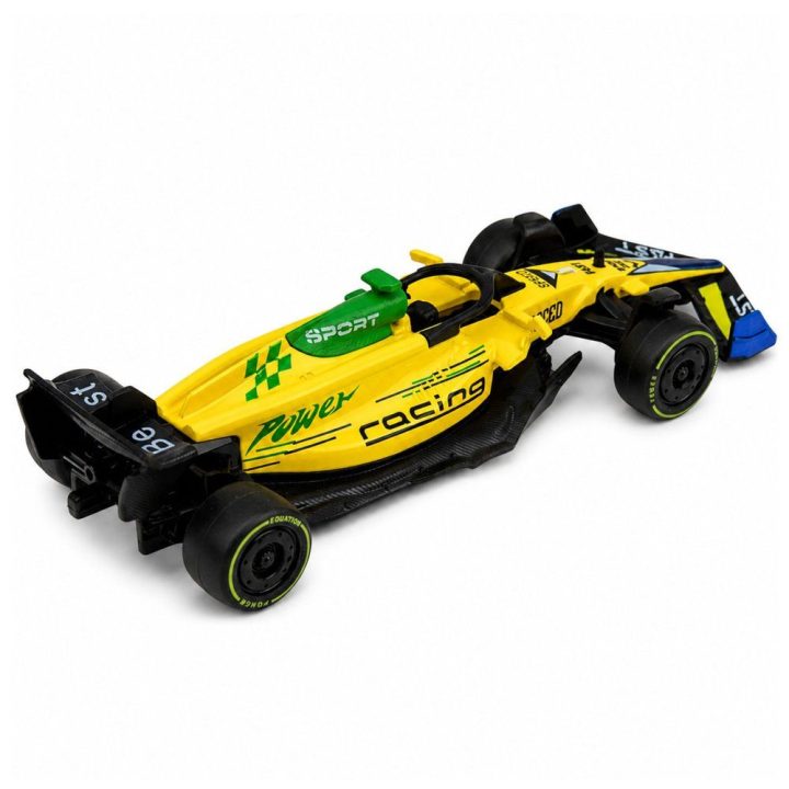Geltonas metalinis lenktyninis automobilis su atgaline eiga 1:43