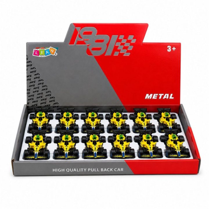 Geltonas metalinis lenktyninis automobilis su atgaline eiga 1:43