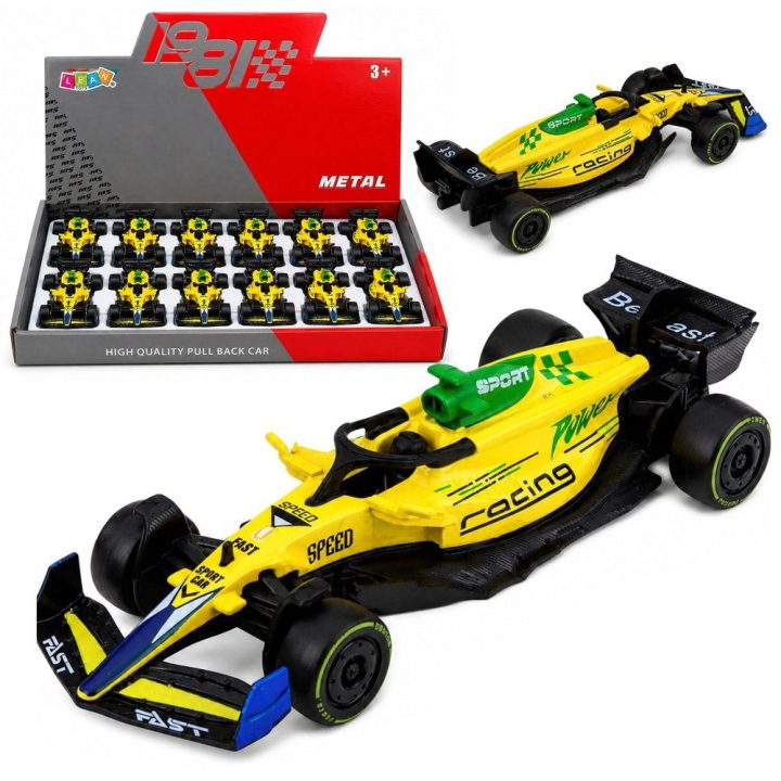 Geltonas metalinis lenktyninis automobilis su atgaline eiga 1:43