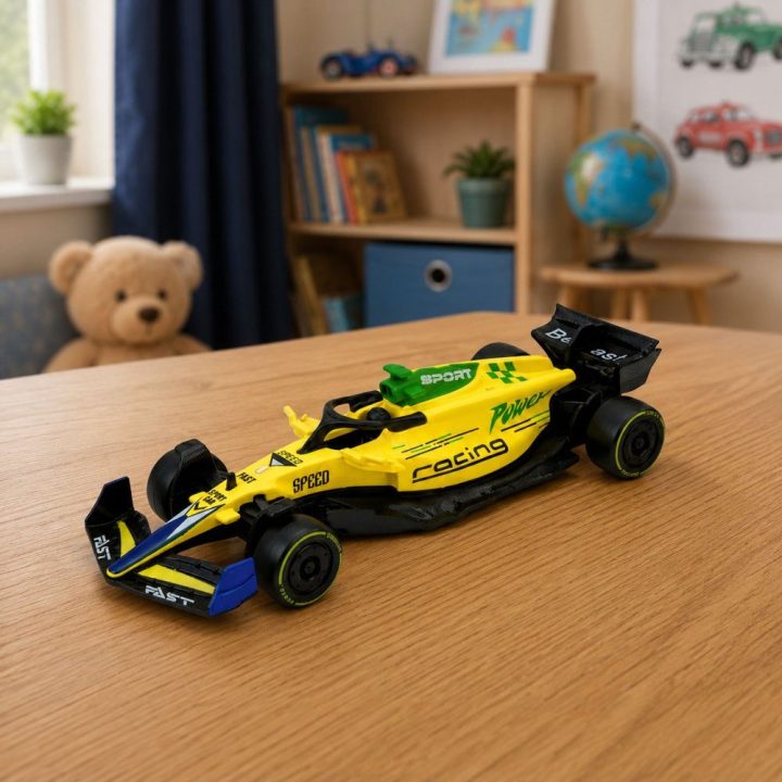 Geltonas metalinis lenktyninis automobilis su atgaline eiga 1:43