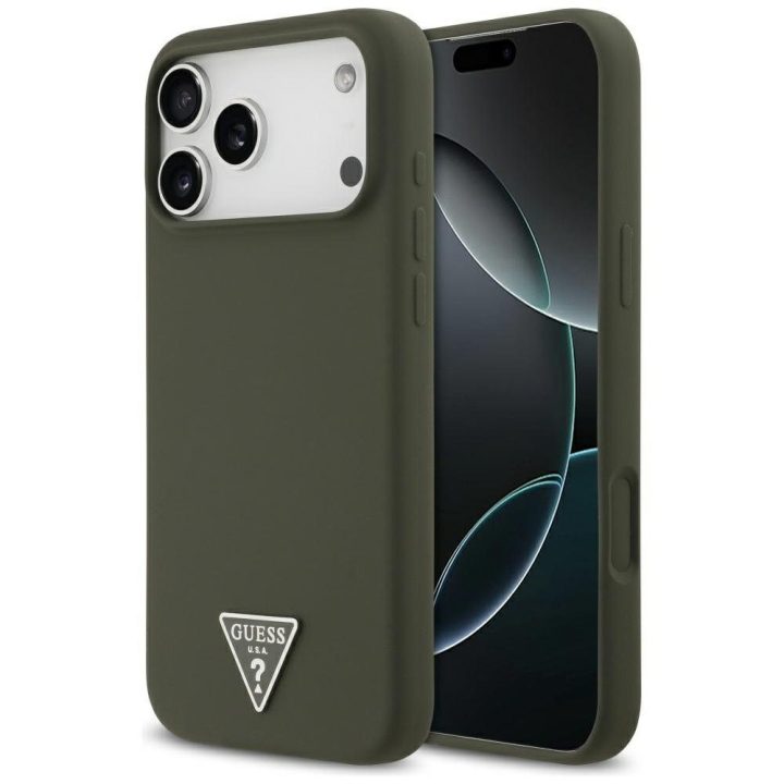 Telefono dėklas iPhone 17 Pro Max Guess Silicone Triangle Logo MagSafe, žalias