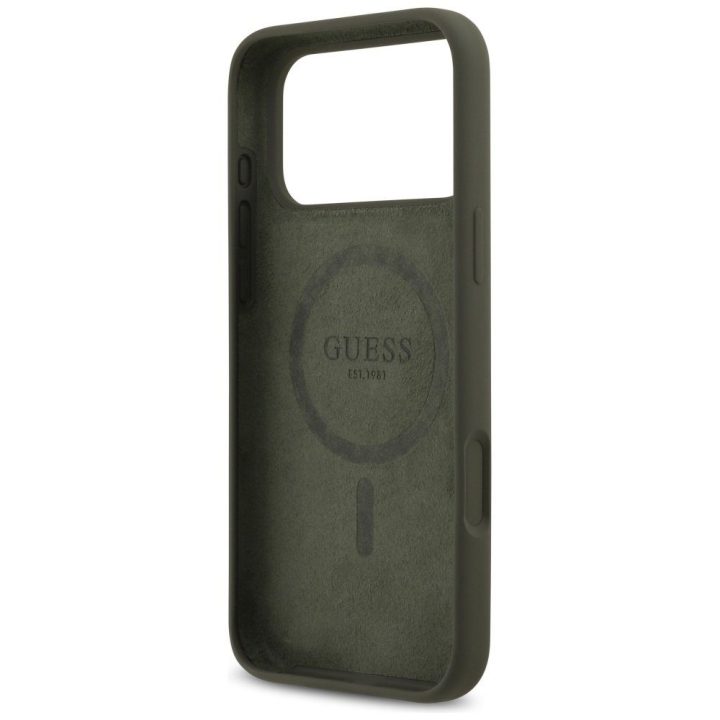 Telefono dėklas iPhone 17 Pro Max Guess Silicone Triangle Logo MagSafe, žalias