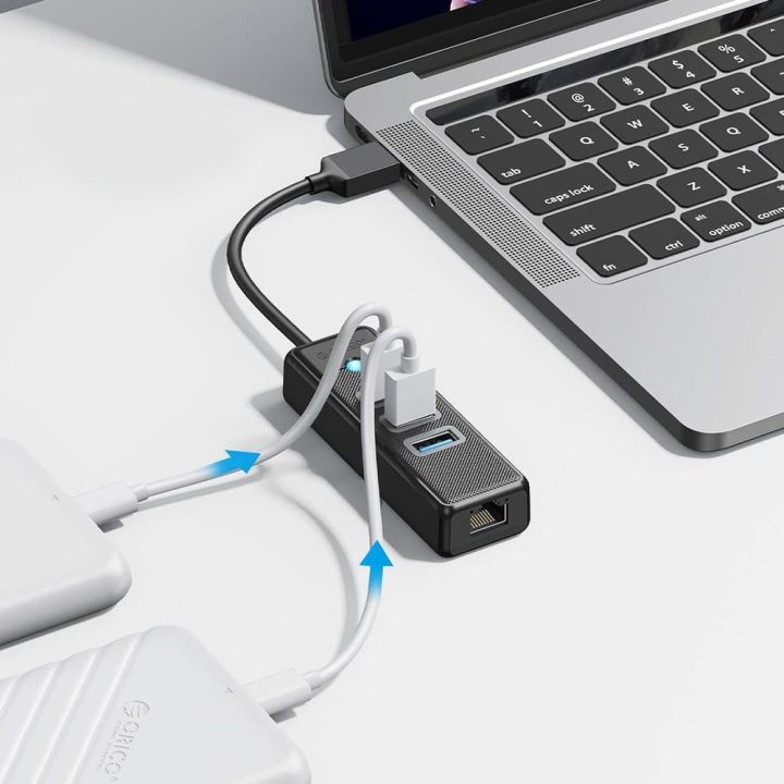 USB šakotuvas 4 prievadų Orico PW3UR25-U3, 3 × USB-A 3.0 ir RJ45 2,5G Ethernet, juodas