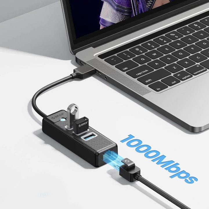 USB šakotuvas 4 prievadų Orico PW3UR25-U3, 3 × USB-A 3.0 ir RJ45 2,5G Ethernet, juodas