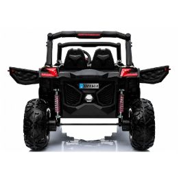 Juodas akumuliatorinis automobilis Jeep XMX su atidaromomis durimis ir šviesomis