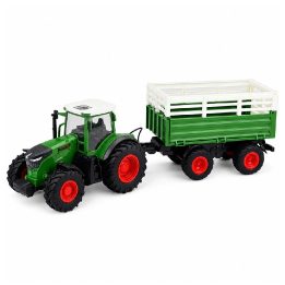 Žalias žaislinis RC traktorius su tippiniu priekabu ir šviesomis 1:24