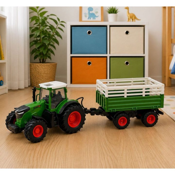 Žalias žaislinis RC traktorius su tippiniu priekabu ir šviesomis 1:24