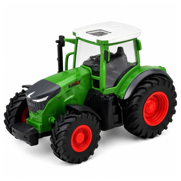 Žalias žaislinis RC traktorius su tippiniu priekabu ir šviesomis 1:24