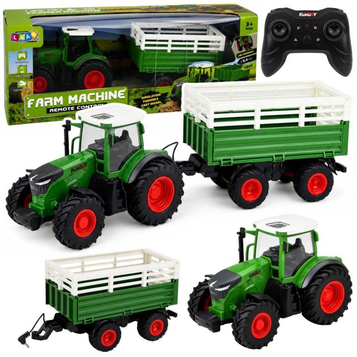 Žalias žaislinis RC traktorius su tippiniu priekabu ir šviesomis 1:24
