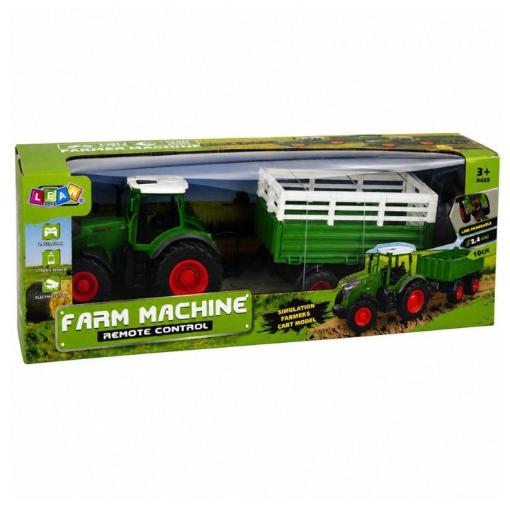 Žalias žaislinis RC traktorius su tippiniu priekabu ir šviesomis 1:24