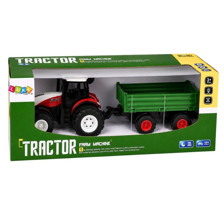 Žaislinis traktorius su priekaba, šviesomis ir garsu, 1:24