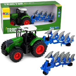 Žalias žaislinis traktorius su dviejų plūgų prikabinimu, 1:24